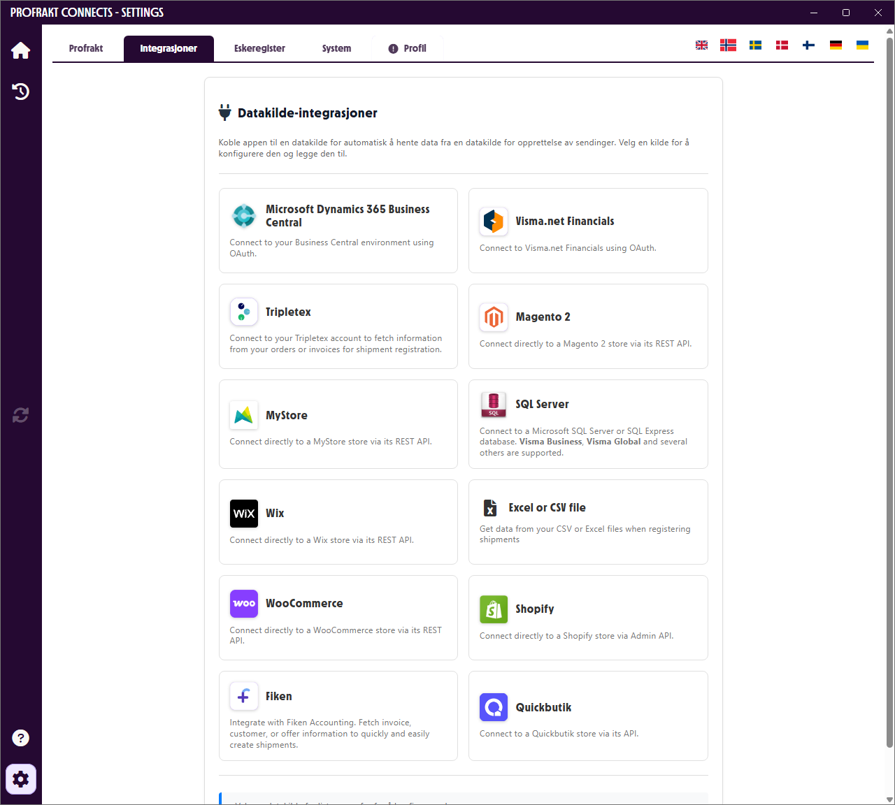 Profrakt Connects Settings